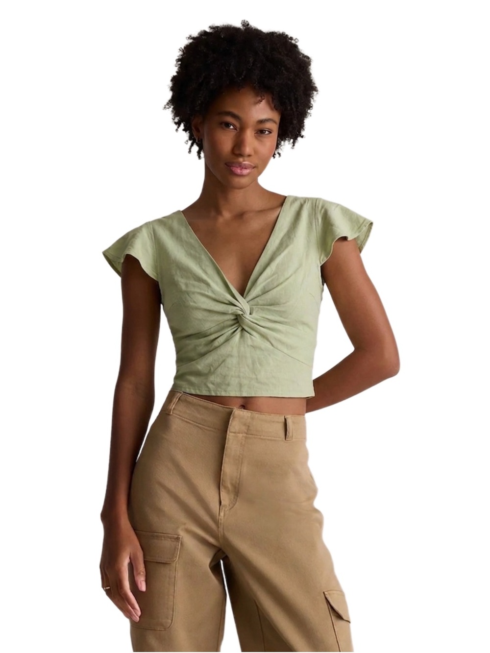 Midnight Sky Sage Green Twist-Front Linen Blend Crop Top — Size S